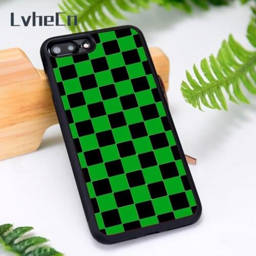 LvheCn Silicone Rubber Phone Case Cover for iPhone 6 6S 7 8 Plus X XS XR 11 12 Mini Pro Max BLACK & GREEN CHECKERS