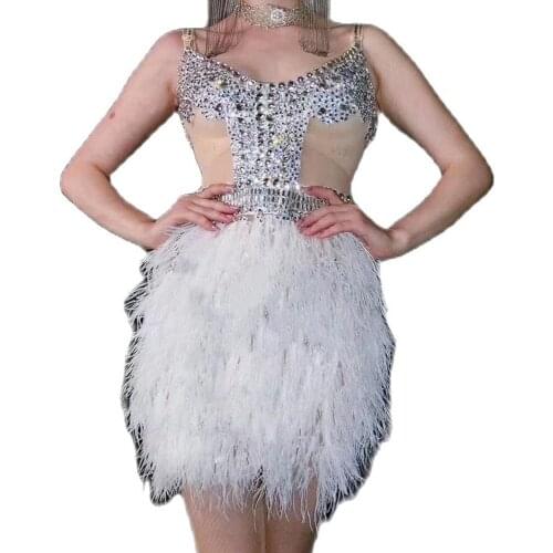 Mesh Gauze Perspective Sleeveless Dress Rhinestones Sequins Feather Dresses Nightclub Dance Show Wear Party Dress For Women