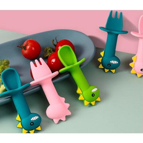 2Pcs Baby Spoon Fork Set Silicone Feeding Spoon Kids Cutlery Cartoon Dinosaur Short Handle Teether Children Tableware