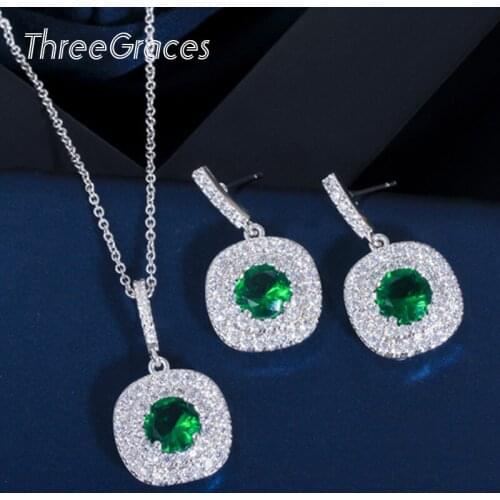 ThreeGraces Elegant Green Cubic Zirconia Paved Square Pendant Necklace and Earrings Spring Jewelry Sets Fashion Women Gift JS133