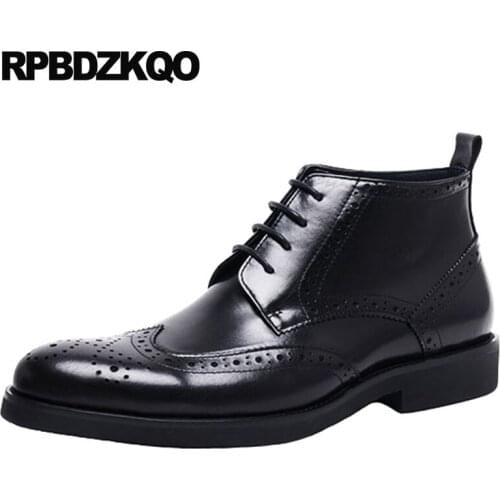 Genuine Leather Business Brogue Shoes Wingtip Formal Mens Pointed Toe Dress Boots Wedding Oxford Full Grain Black Booties Ankle