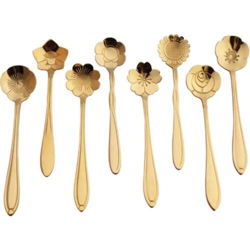 Stainless Steel Spoon Long Handle Teaspoon Flower Shape Coffee Dessert Ice Cream Spoon Kitchen Accessories Golden Dinnerware