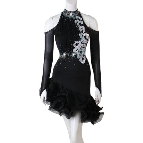 New Latin Dance Dress Women Girls Black Long Sleeves Latin Dance Costumes For Women Diamond Latin Dresses For Girls Competition