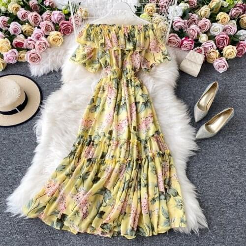 New Summer Women Slash Neck Off Shoulder Pleated Floral Chiffon Ruffle Dress Lady Elastic Slim Waist Party Beach Chic Midi Dress