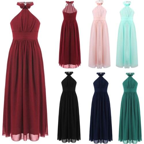 Teens Flower Girls Dress Kids Dresses Halter Chiffon Wedding Party Dress Holy Communion Dress For Girls Bridesmaid Vestido