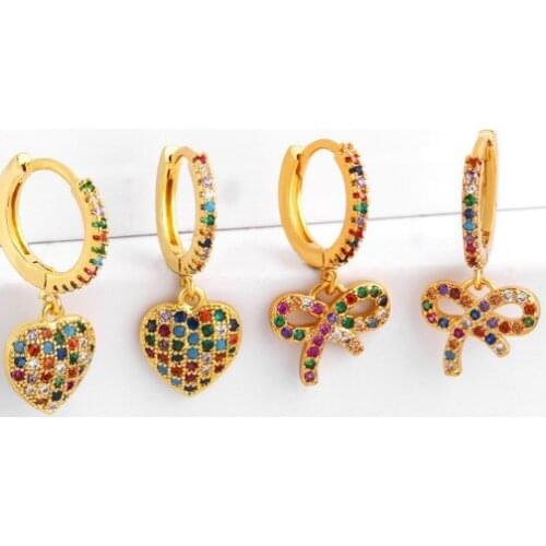 Bow heart multicolor Brass micro pave cz zircon cubic zirconia drop Hoop Earrings studs copper gold plated crystal cg53