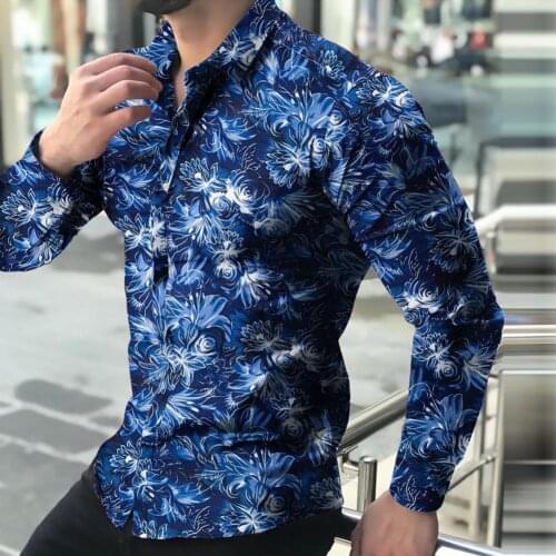 Summer Men Shirts Vintage Stylish Polyester Floral Print Buttons Men Long Sleeve Lapel Top Shirts Mens Pullover Tops Blouse