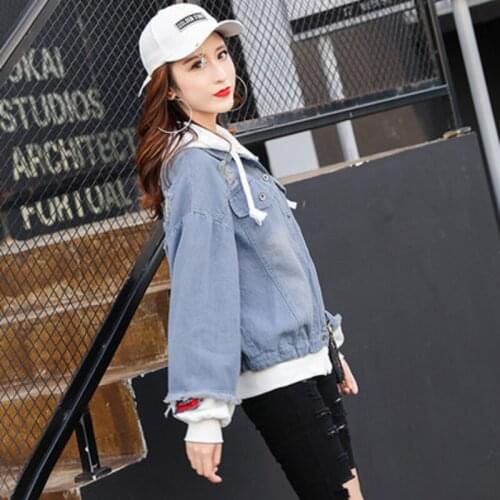 2021 Spring Autumn Female Style Korean Harajuku Fashion Loose Fake Two Piece Stitching Hooded Denim Jacket Temperament Commut0e