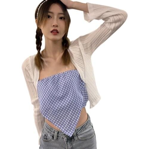 Womens Plaid Print Camisole Summer Korean Style Irregular Slim Sexy Sleeveless Tank Top