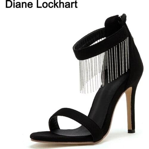 Women Tassels Ankle Strap Rhinestone High Heel Sandals Shoes Lady Summer Sexy Party Design Thin Heels Fringed Dress Shoes Ladies
