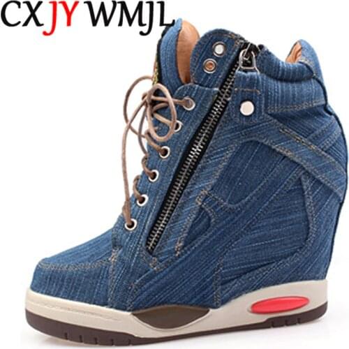 Big Size Women Denim Wedges Sneakers Autumn Platform Casual Shoes Fashion Woman Side Zipper Vulcanized Shoe Thick Bottom Sneaker