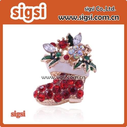 Women Red rhinestone Christmas Boot Brooches decoration enamel green leaf Christmas Shoe Brooch Pins jewelry