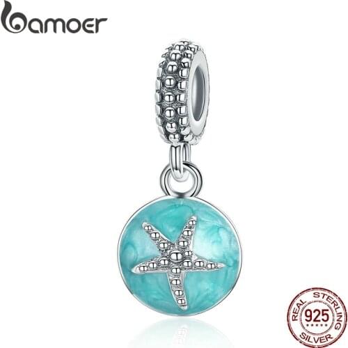 BAMOER Summer Collection 925 Sterling Silver Clear CZ Starfish & Sea Green Enamel Pendant Charm fit Bracelet Jewelry S925 SCC136