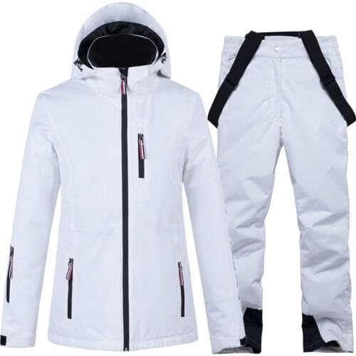 -30 Pure White Women Ski Suit 10k Waterproof Windproof Breathable Warm Snowboard Jackets + Strap Snow Pant Sets Winter Snow Wear
