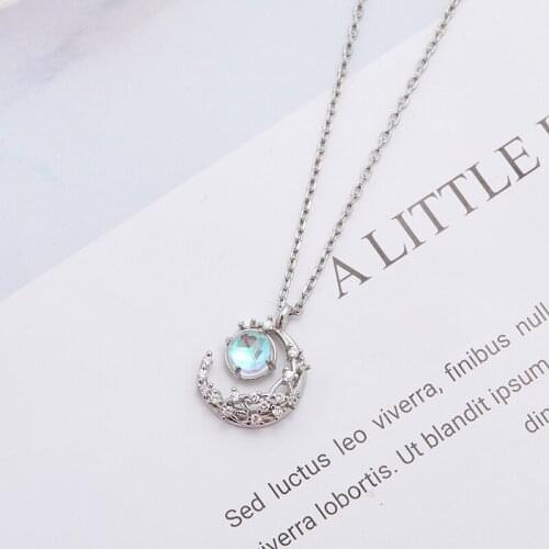 925 Sterling Silver Link Chain Crystal Moon Opal Round Charm Necklace For Women choker collares Wedding Party Jewelry dz275