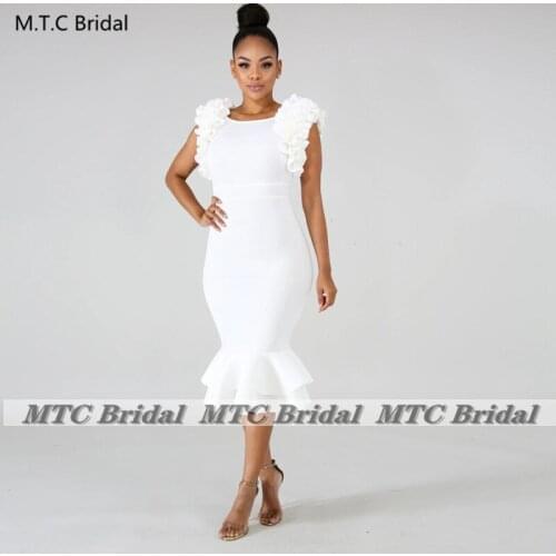 Short Mermaid White Prom Dresses 2021 New Ruffles Satin Tea Length Black Women Formal Gowns For Wedding Party Custom Made