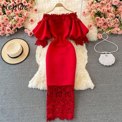 Neploe Retro French Style Pencil Ladies Robe Slash Collar Lantern Sleeve High Waist Vestidos De Mujer Lace Patchwork Women Dress