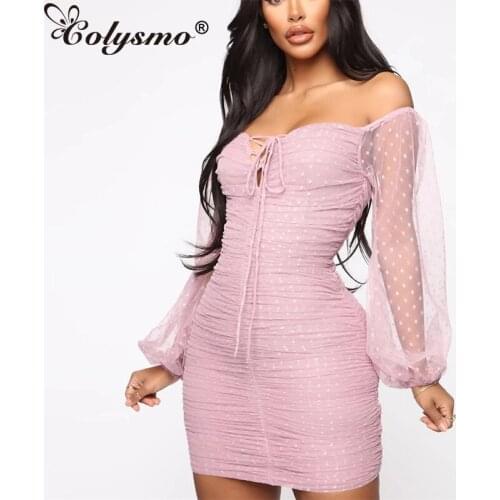 Colysmo Lace Up Vintage Dress Women Sheer Long Sleeve Off Shoulder Bodycon Dress Sexy See-through Mesh Bandage Party Dresses