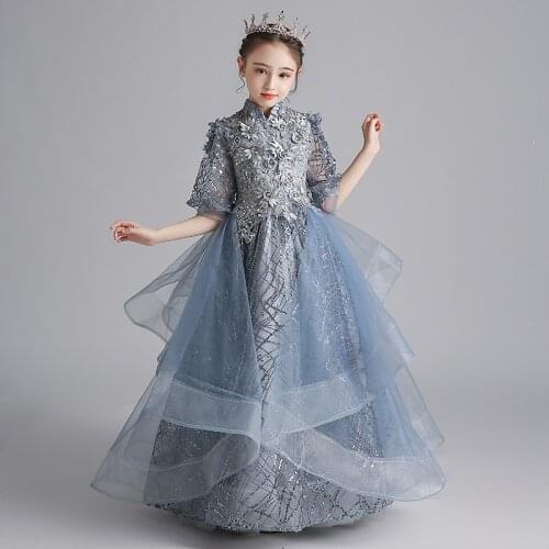 Flower Girl Dresses Sequined Appliques Three Quarter Princess Crystal Ball Gown Luxury Ruched Pearls Tulle Kids Party Skirt H059