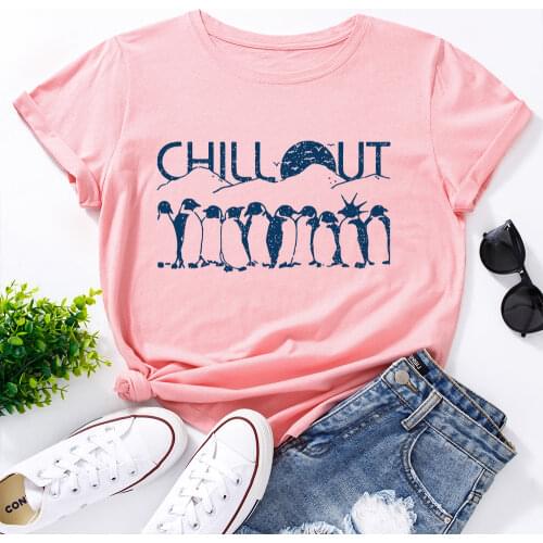 Graphic T Shirts for Women Cotton Short Sleeve Tee Female Shirt Tops Summer Casual Print Clothes Gifts Chill Out Penguins Tees