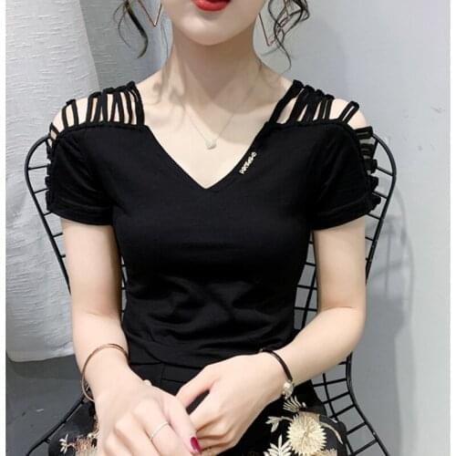 GGRIGHT 2021 Short Sleeve Hollow Out Sexy V-Neck T Shirt Women Top Summer Cotton T-shirt Women Tee Shirt Femme Black White