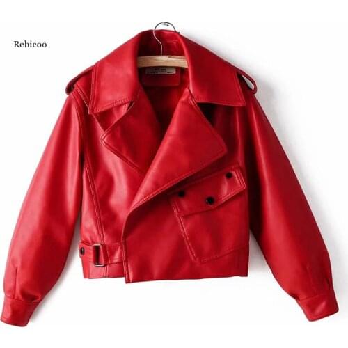 Black Red Women Faux Leather Jacket Pu Motorcycle Biker Coat Turn Down Collar Soft Faux Ladies Punk Outerwear Loose Streetwear