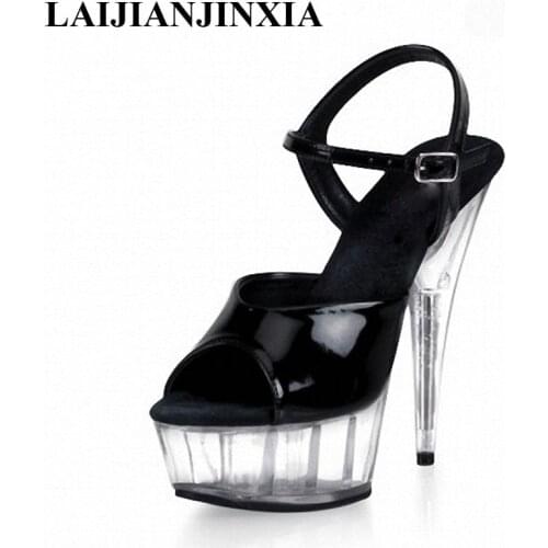 LAIJIANJINXIA New Sandals Women Leather Platform 15cm High Heels Sandals Woman Shoes Summer Buckle Lady Dress Shoes Handmade