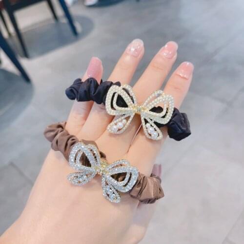 Net Red Rhinestone Pearl Bow Knot Hairline Delicate Sweet Girl Ball Head Rubber Band Headdress