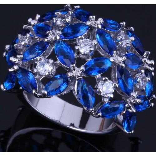 Captivating Blue Cubic Zirconia White CZ Silver Plated Ring V0498