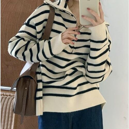 Lazy Casual Japan Style Long Sleeve Striped Pullovers Sweater Autumn Fashion Student Zippers Stand Up Collar Knitted Top Pull