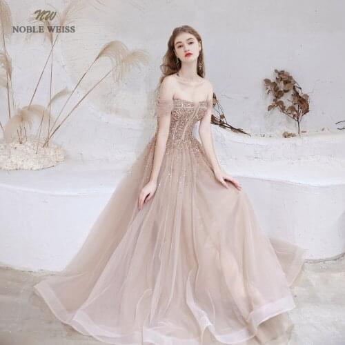 Sexy Off Shoulder Long Evening Dress 2021 New Arrivals Nude Pink Sparkly Crystal Beaded Evening Party Gown Prom Dresses