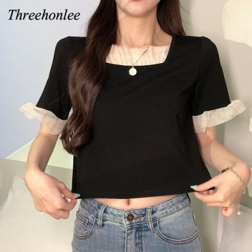 Summer Korean Fashion Women Tops 2021 New Square Neck High Waist Short Sleeve Cotton T-shirt Womens Lace Bottomed Shirt