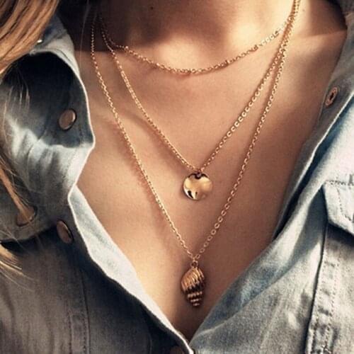 2020 New Trendy Geometric Three-layer Beach Disc Conch Pendant Necklaces for Women Wind Transparent Clavicle Chain Jewelry
