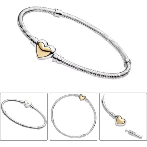 Real 14K Gold Domed Heart Clasp Charm Bracelets For Women 925 Sterling Silver Original 100% Snake Chain Wrist Fine Jewelry Gifts
