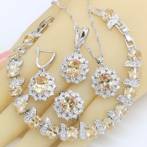 Bridal Jewelry Sets for Women Orange Zircon Silver Color Necklace Pendant Earrings Ring Bracelet Birthday Gift