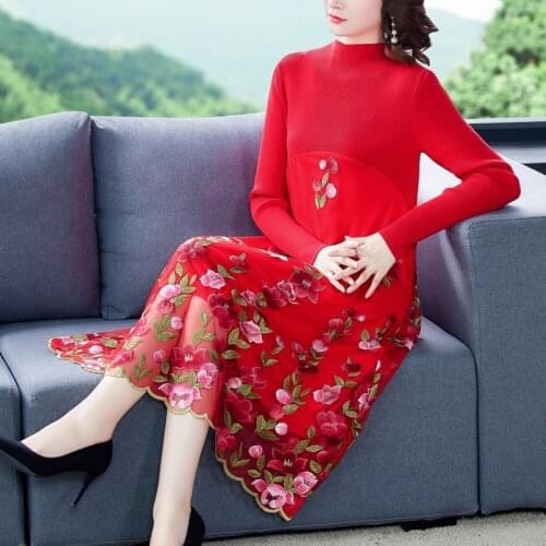 2021 Mesh Embroidery Floral 4XL Plus Size Turtleneck Wool Sweaters Autumn Winter Women Vintage Elegant Knitting Sweater Dresses
