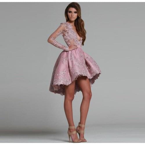 2021 Sheer Long Sleeves A Line High Low Cocktail Dresses Plunging V Neck Lace Applique Homecoming Gowns Fashion Short Prom Dress