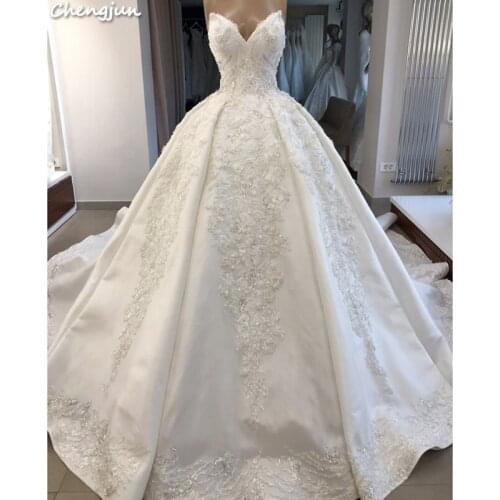 Chengjun Custom Made Ivory Satin Ball Gown Gorgeous Elegant Bridal Wedding Dress