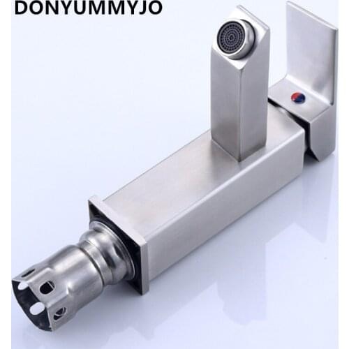 DONYUMMYJO 1pc 304 Stainless Steel Hot And Cold Square Brushed Basin Faucet With 2 Hoses Deck Installation Mix Tap