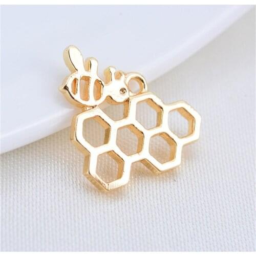 Julie Wang 4PCS Honeycomb Charms Hollow Hive Small Bee Insect Gold Color Pendant Bracelet Jewelry Making Accessory