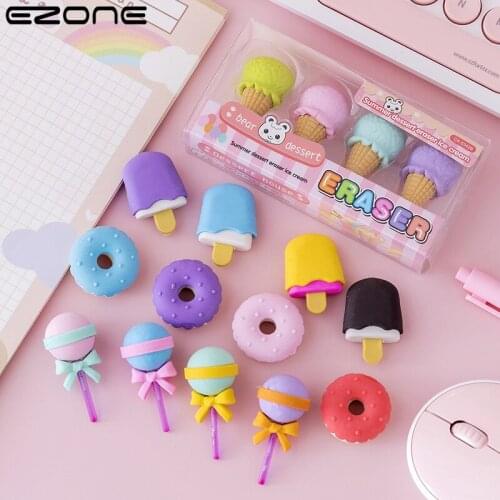 EZONE 4Pcs/Set Creative Cartoon Eraser Simulated Dessert Lollipop Ice Cream Eraser Cute Student Stationery School Supplies