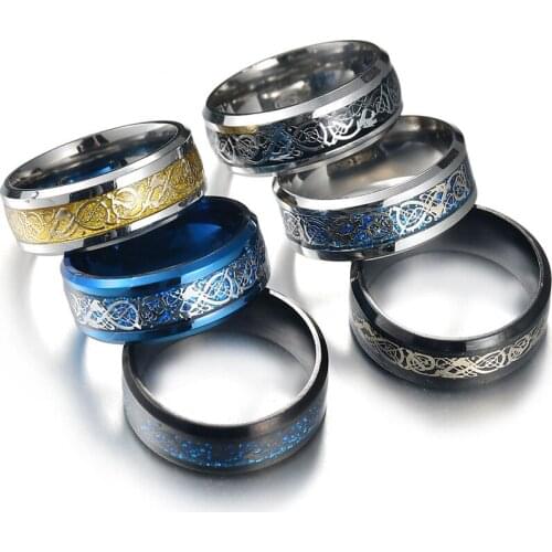 8mm Stainless Steel Dragon Rings Blue Black Carbon Fiber Inlay Comfort Fit For Men Wedding Band Ring Fashion Jewelry