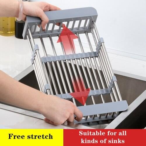 Kitchen Retractable Stainless Steel Sink Strainer Drain Vegetable Fruit Drainer Basket Rack Storage Tool Sink Filter Rack Shelf