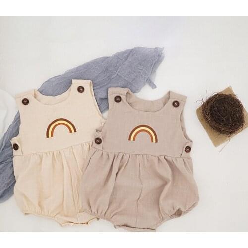 Summer Infant Baby Boys Girls Rompers Jumpsuits Playsuits One Piece Cotton Linen Muslin Rainbow Embroidery Toddler Baby Clothing