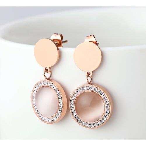 Sweet Romantic Pink Cymophane Drop Earrings For Women High Quality Luxury Rose Gold Color Stainless Steel Earring Jewelry Femme