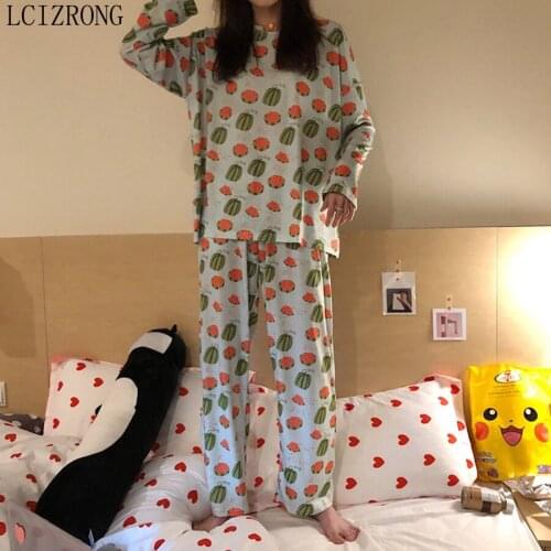 Cute Fruit Print Spring Women Pajamas Set Loose Thin Long Sleeve Pullovers Long Pants Nighties Casual Plus Size Sleepwear