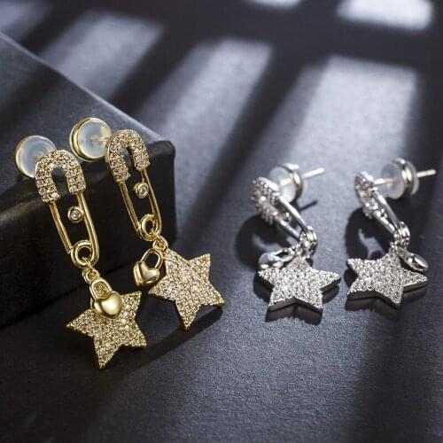 Fashion Copper Rhinestone Brooch Star Drop Earring Gold Color Brass Unusual Women Jewelry Trendy