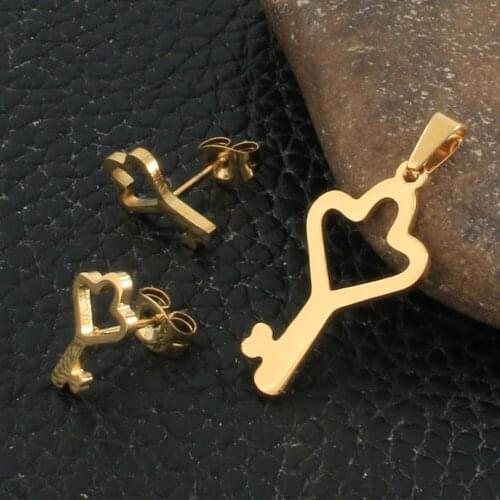 Fashion KEY Style Stainless Steel Jewelry Sets For Women Gold Color Pendants And Earrings SFXZBKAF
