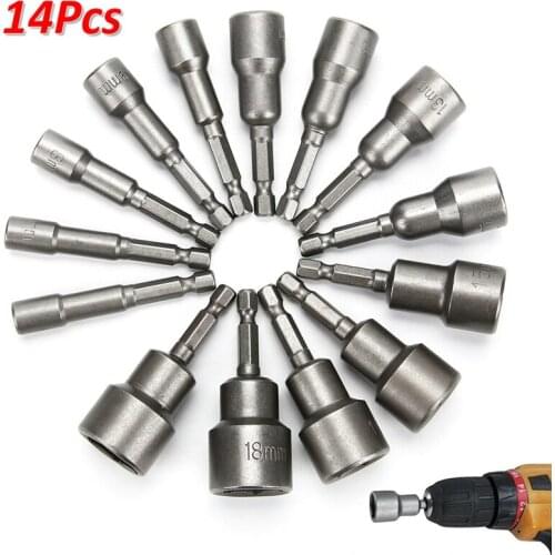 14pcs Screwdriver Tools Kits Impact Drill 6 To 19mm Hex Sleeve Nozzles 1/4inch Magnetic Metric Hexagon Socket Nut Driver Bit Set