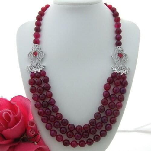 YYGEM 3 Strands Faceted Round Fuchsia Agate flower connector Statement Necklace